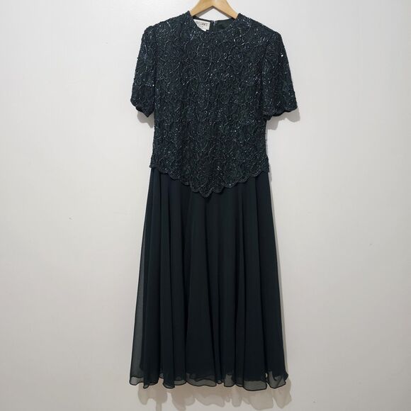 Vintage - Brilliante By J.A. - Dress Beaded Long Formal Evening - Size L - Green - Picture 2 of 9